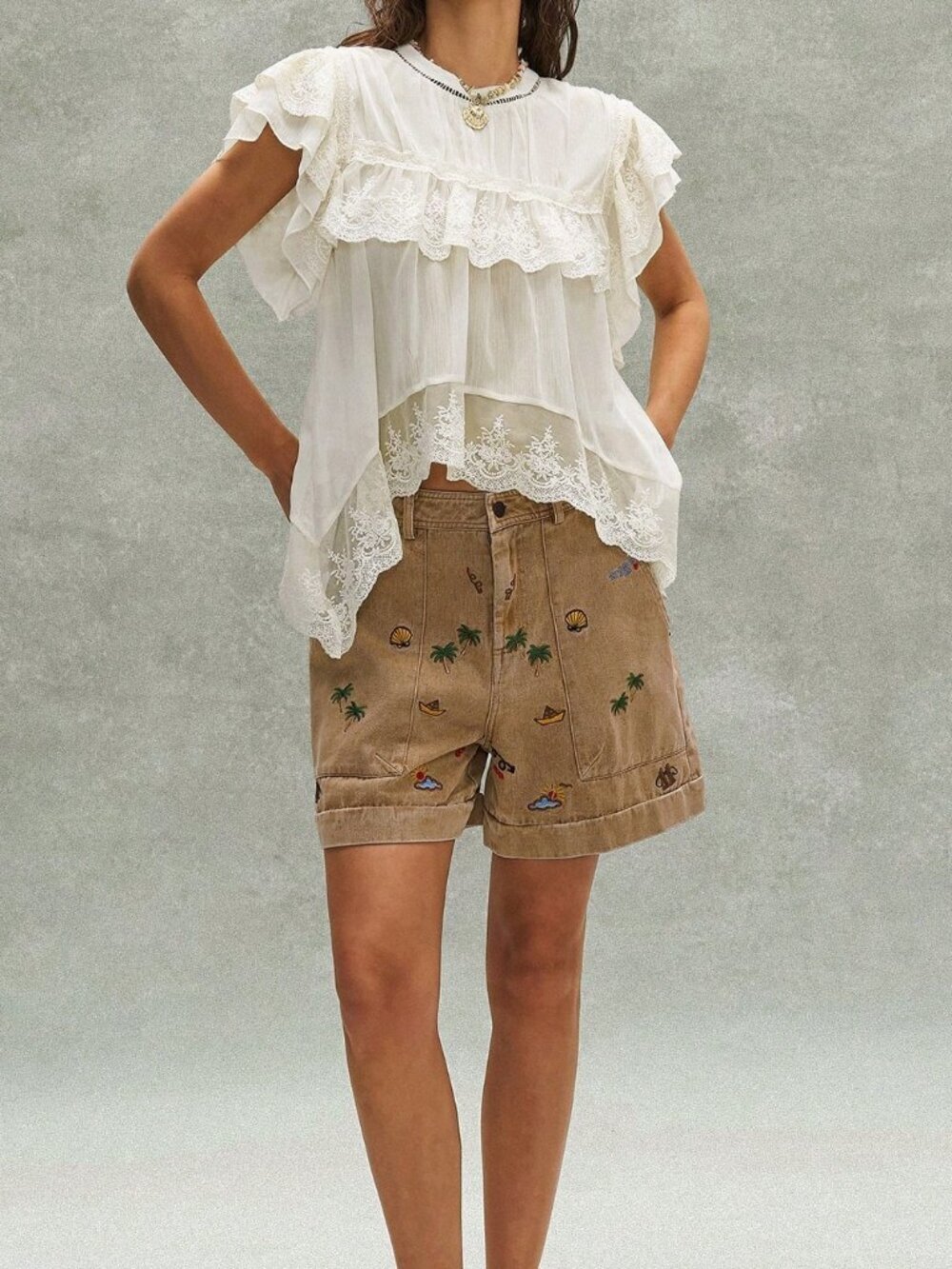 Apricot Boho Women's Embroidered Ruffled Lace Patchwork Blouse - Picture 8 of 9